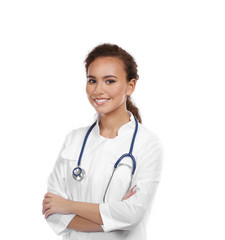 Poster - Beautiful African American female doctor on white background