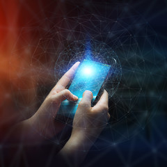 Aufkleber - Businesswoman using data network with his mobile phone