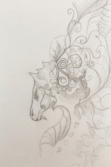 Poster - drawing of ornamental dragon on old paper background.