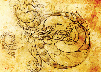 Poster - Ornamental Drawing. Original hand draw and computer collage. Color structure.