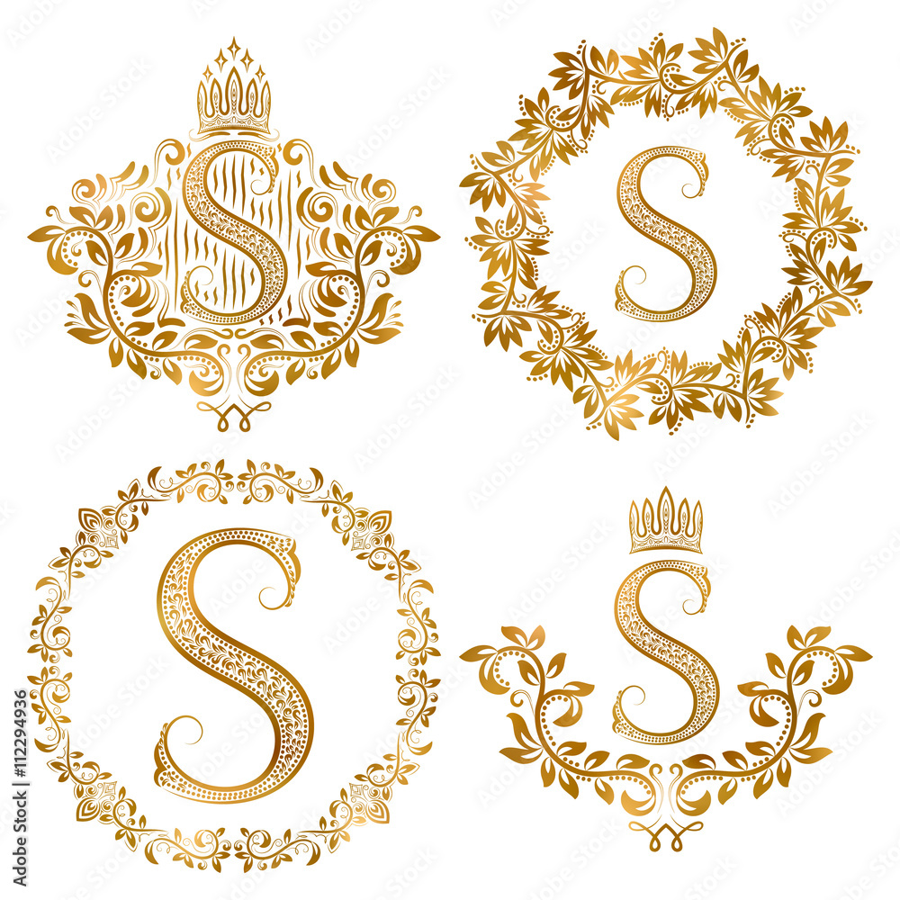 Golden S letter vintage monograms set. Heraldic coats of arms and round ...