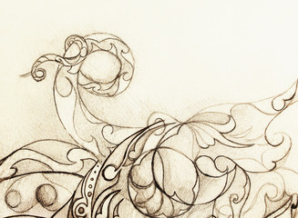 Poster - Ornamental Drawing. Original hand draw and computer collage. Color structure.