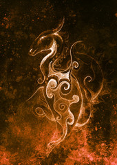 Poster - drawing of ornamental dragon and sun on old paper background computer collage. and color structure.