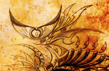 Fototapete - Ornamental Drawing. Original hand draw and computer collage. Color structure.