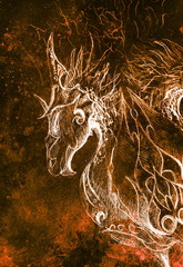 Leinwandbilder - drawing of ornamental dragon on old paper background computer collage. and color structure.