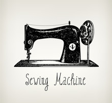Vector Hand Drawn Retro, Vintage Sewing Machine Illustration.