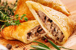 Delicious samosa pies with meat on plate. Menu, restaurant, reci
