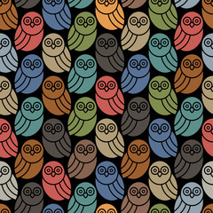 Wall Mural - seamless pattern with owls in retro colors on black