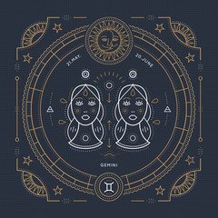 Wall Mural - vintage thin line gemini zodiac sign label. retro vector astrological symbol, mystic, sacred geometr
