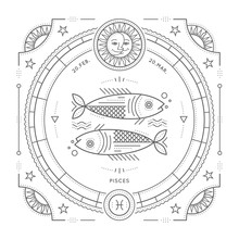 Vintage Thin Line Pisces Zodiac Sign Label. Retro Vector Astrological Symbol, Mystic, Sacred Geometry Element, Emblem, Logo. Stroke Outline Illustration. Isolated On White Background.