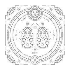 Wall Mural - vintage thin line gemini zodiac sign label. retro vector astrological symbol, mystic, sacred geometr