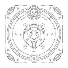 Wall Mural - vintage thin line leo zodiac sign label. retro vector astrological symbol, mystic, sacred geometry e