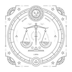 vintage thin line libra zodiac sign label. retro vector astrological symbol, mystic, sacred geometry