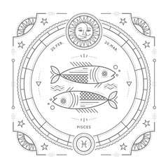 Wall Mural - vintage thin line pisces zodiac sign label. retro vector astrological symbol, mystic, sacred geometr