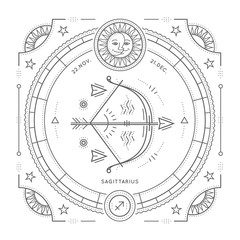 Wall Mural - vintage thin line sagittarius zodiac sign label. retro vector astrological symbol, mystic, sacred ge