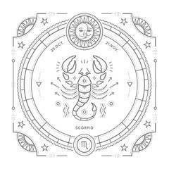 Wall Mural - vintage thin line scorpio zodiac sign label. retro vector astrological symbol, mystic, sacred geomet