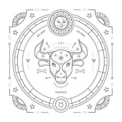 Wall Mural - vintage thin line taurus zodiac sign label. retro vector astrological symbol, mystic, sacred geometr