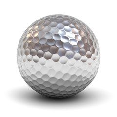 Aufkleber - Metal golf ball isolated over white background with reflection and shadow. 3D rendering.
