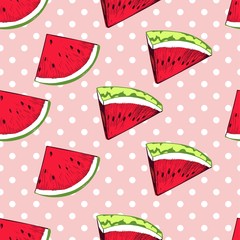 Wall Mural - Vector seamless pattern of repeating watermelon slices on rose quartz polka dot background. Hand drawn color fruit triangle parts. Fresh summer food pattern.