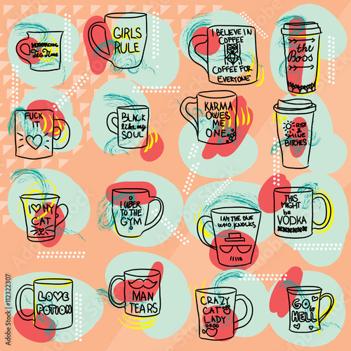 Fotografía Mug with text set colorful large collection of hand drawn coffee and tea doodles: cups thermos mugs with quotes isolated on orange colored background