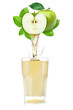 Pure apple and mint juice pouring out from fruitin glass