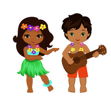 Illustration Of Boy Playing Guitar And Hawaiian Girl Hula Dancing