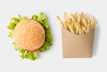 Concept Of Mock Up Burger And French Fries On White Background.