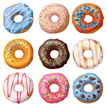 Set Of Cartoon Donuts Isolated On White Background. Vector Illustration
