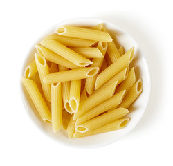 pasta in bowl isolated on white, from above