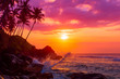 Tropical beach at sunset with palm trees silhouettes and shiny waves splashes