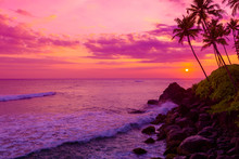 Warm Colorful Tropical Sunset Over The Ocean With Coconut Palm Tree Silhouettes At Tranquil Summer Beach On Island Resort