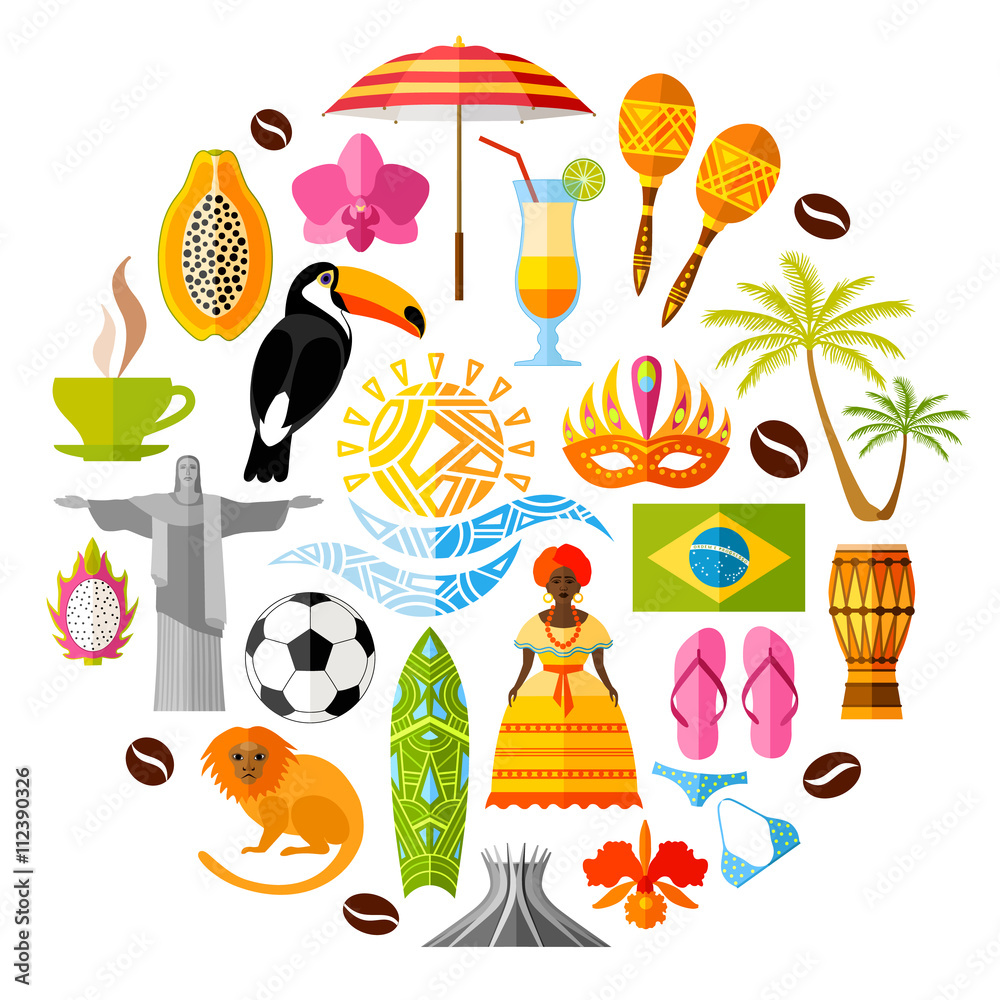 Traditional national symbols of Brazil. Set of Brazilian icons. Vector illustration in flat style. Collection of souvenirs, attributes and design elements on Brazilian themes.