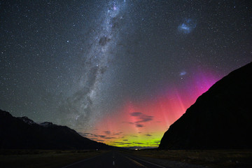 new zealand 18th april 2015: australis aurora and milky way at the national park south islands, new 