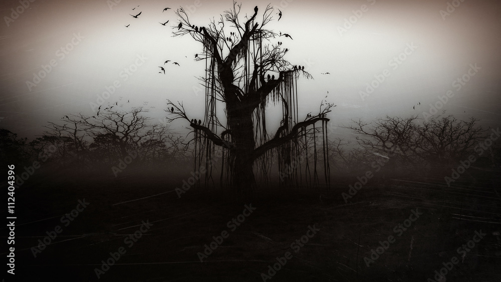Horror  Halloween  gravestone   spooky tree - obrazy, fototapety, plakaty 
