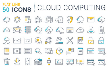 Wall Mural - set vector flat line icons cloud service
