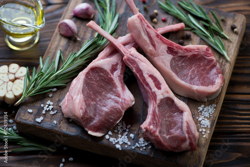 Close-up of raw fresh lamb shoulder rack steaks, selective focus Plakát
