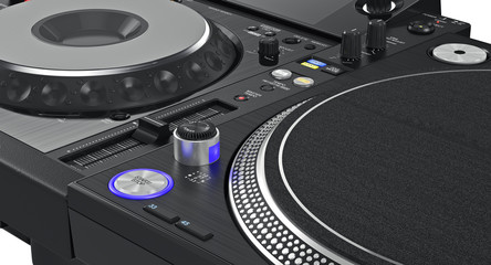 Wall Mural - Luminous buttons dj turntable professional equipment, zoomed view. 3D graphic