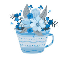Creative Illustration With Teacup Full Of Watercolor Flowers