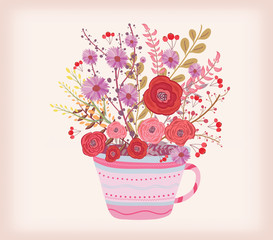 Wall Mural - Creative Illustration with teacup full of watercolor flowers