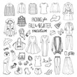 © schakty - Fall and winter travel luggage. Packing for vacation. Woman clothing set. Vector hand-drown objects illustrations. Black and white fashion collection.