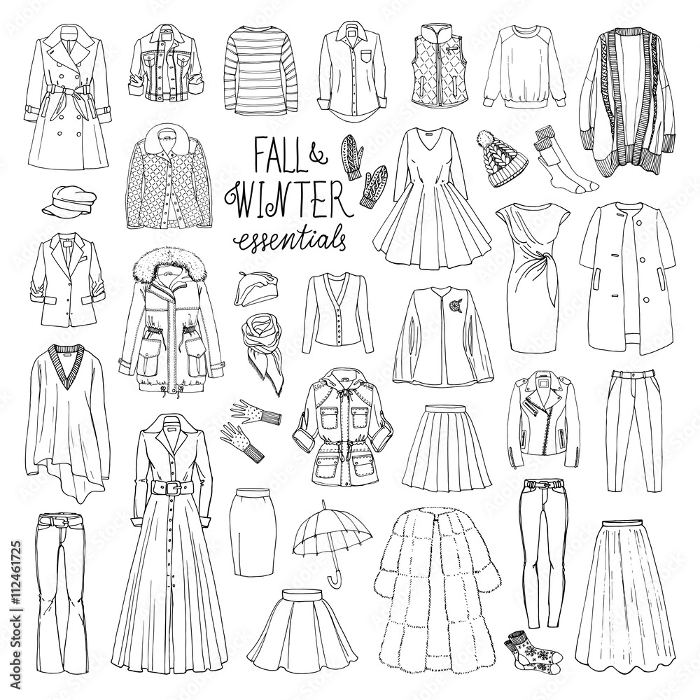 Vector illustration of woman fall and winter fashion collection of clothes. Hand-drown objects sketch with coats, dresses, skirts, jacket, trousers, hats, gloves, socks. .Black and white set. Stock Vector | Adobe Stock Vector illustration of woman fall and winter fashion collection of clothes. Hand-drown objects sketch with coats, dresses, skirts, jacket, trousers, hats, gloves, socks. .Black and white set. Stock Vector | Adobe Stock
