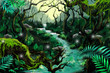 © info@nextmars.com - Watercolor Style Digital Artwork: Mystery River Forest. Realistic Fantastic Cartoon Style Character, Background, Wallpaper, Story, Card Design