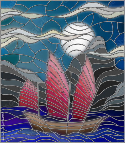 Tapeta ścienna na wymiar The Eastern ship with red sails on the background of sky, sun and rocky shores