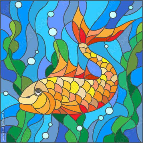ilustracja-w-stylu-witrazu-ze-zlota-rybka-na-tle-wody-i