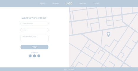 Web design. Wireframe based contact page template. Flat and clean style. Desktop version. Prototype of website for design studio or designer. Contact form.