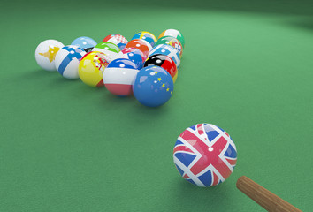 3d illustration - eu and uk flags on the pool table 
