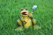 Frog with a shovel on a background of grass