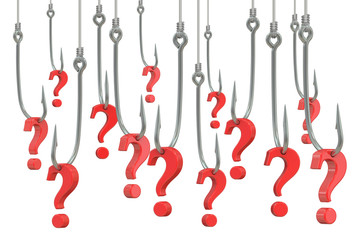 Poster - fishing hook with question marks, 3D rendering