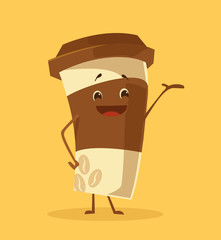 Cartoon coffee cup. Take away coffee. Happy cup of coffee. Vector flat cartoon illustration