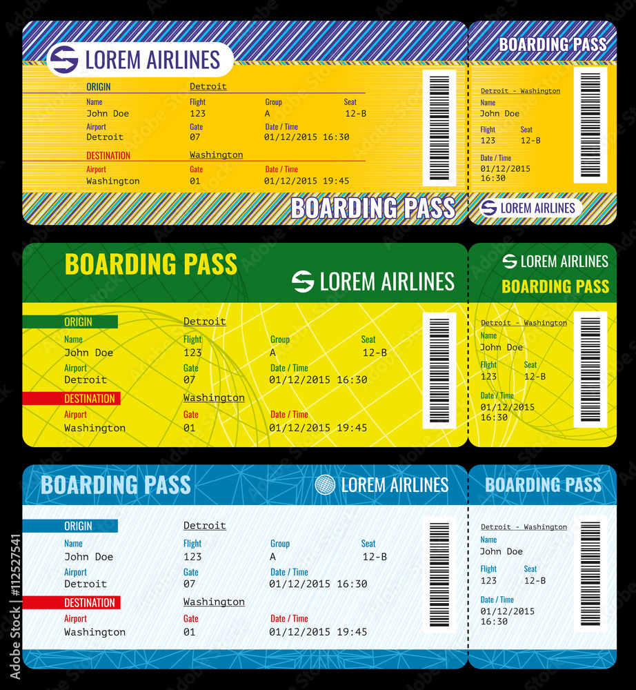 Airline boarding pass modern tickets vector mockup. Ticket template to ...